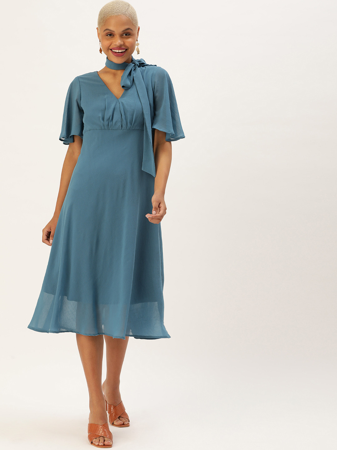

MELOSO Blue Georgette A-Line Midi Dress with Belt Details