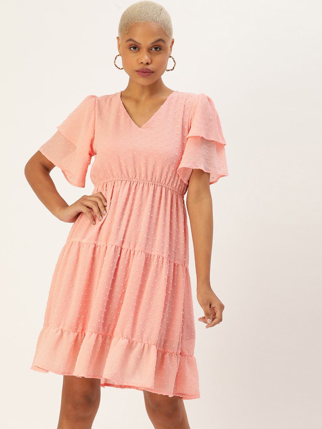 

MELOSO Peach-Coloured Self Design Dress