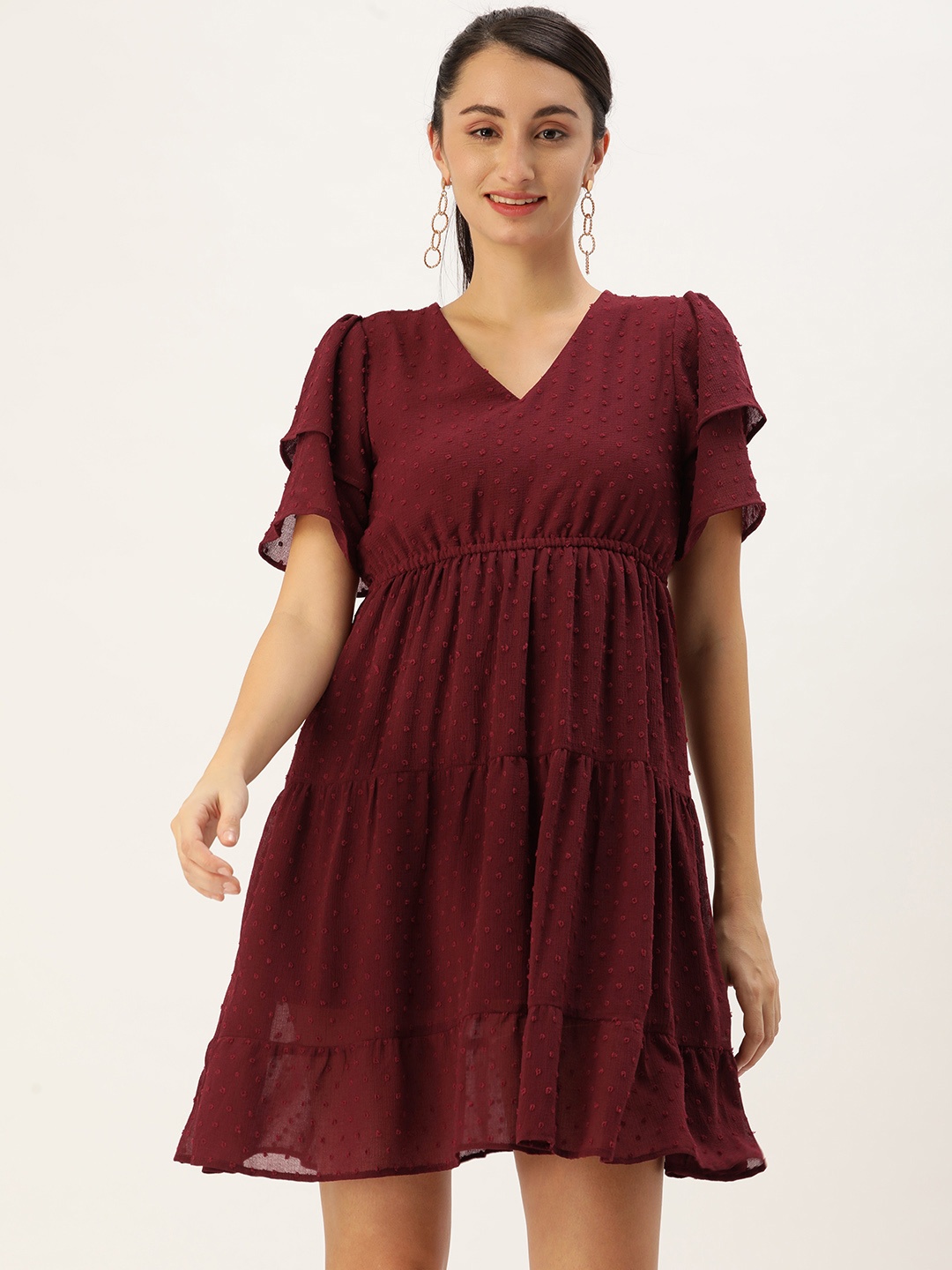 

MELOSO Maroon Self Design Dress