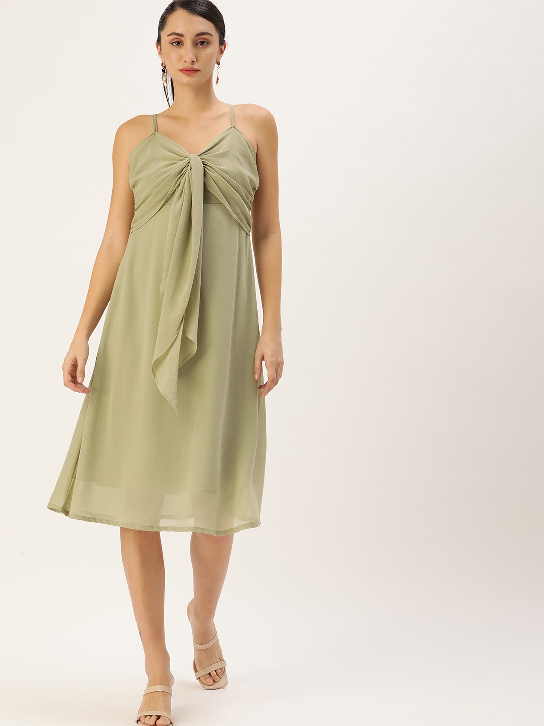 

MELOSO Lime Green Tie- up Neck Georgette Dress