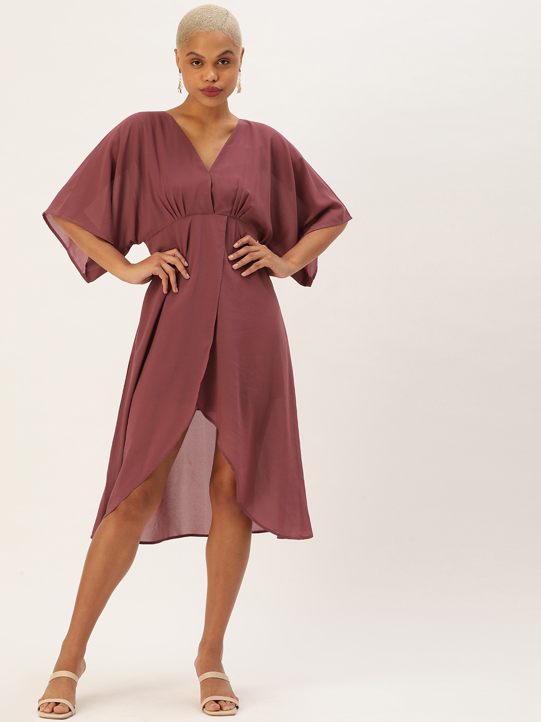 

MELOSO Burgundy Georgette Kimono Sleeves A-Line Maxi Dress