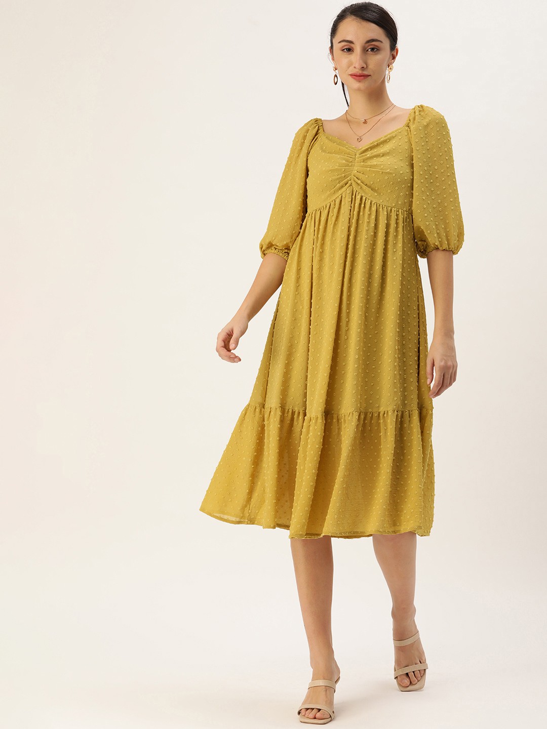 

MELOSO Yellow Self Design Midi Dress