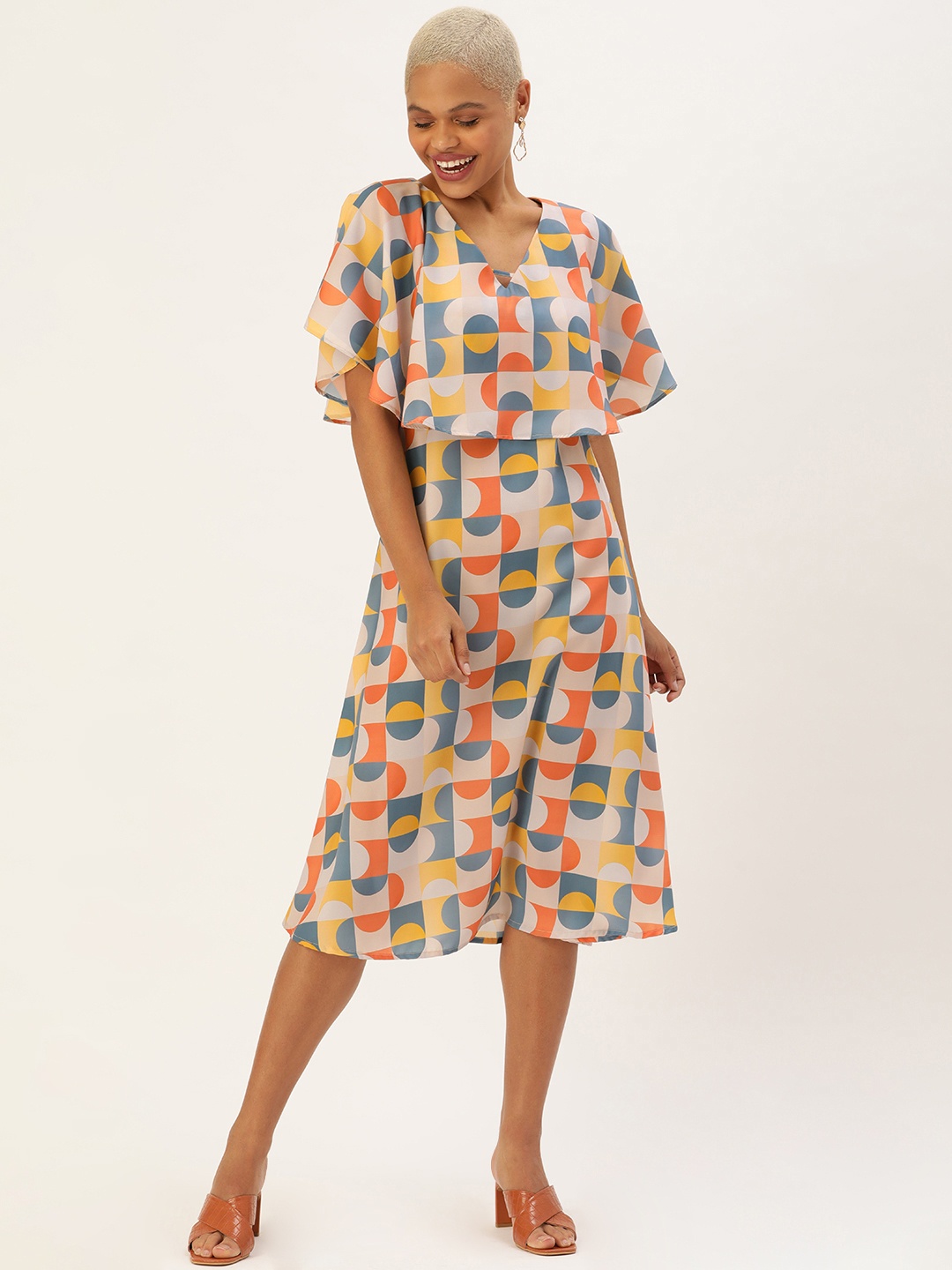 

MELOSO Multicoloured Printed A-Line Midi Dress, Multi