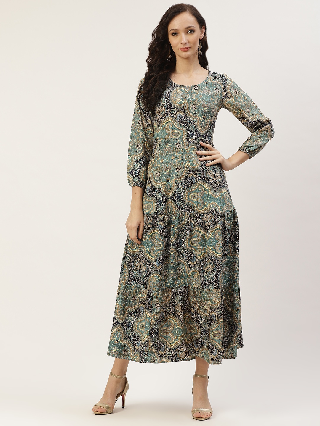 

Deewa Women Off-White & Green Ethnic Motifs Print Tiered A-Line Midi Dress