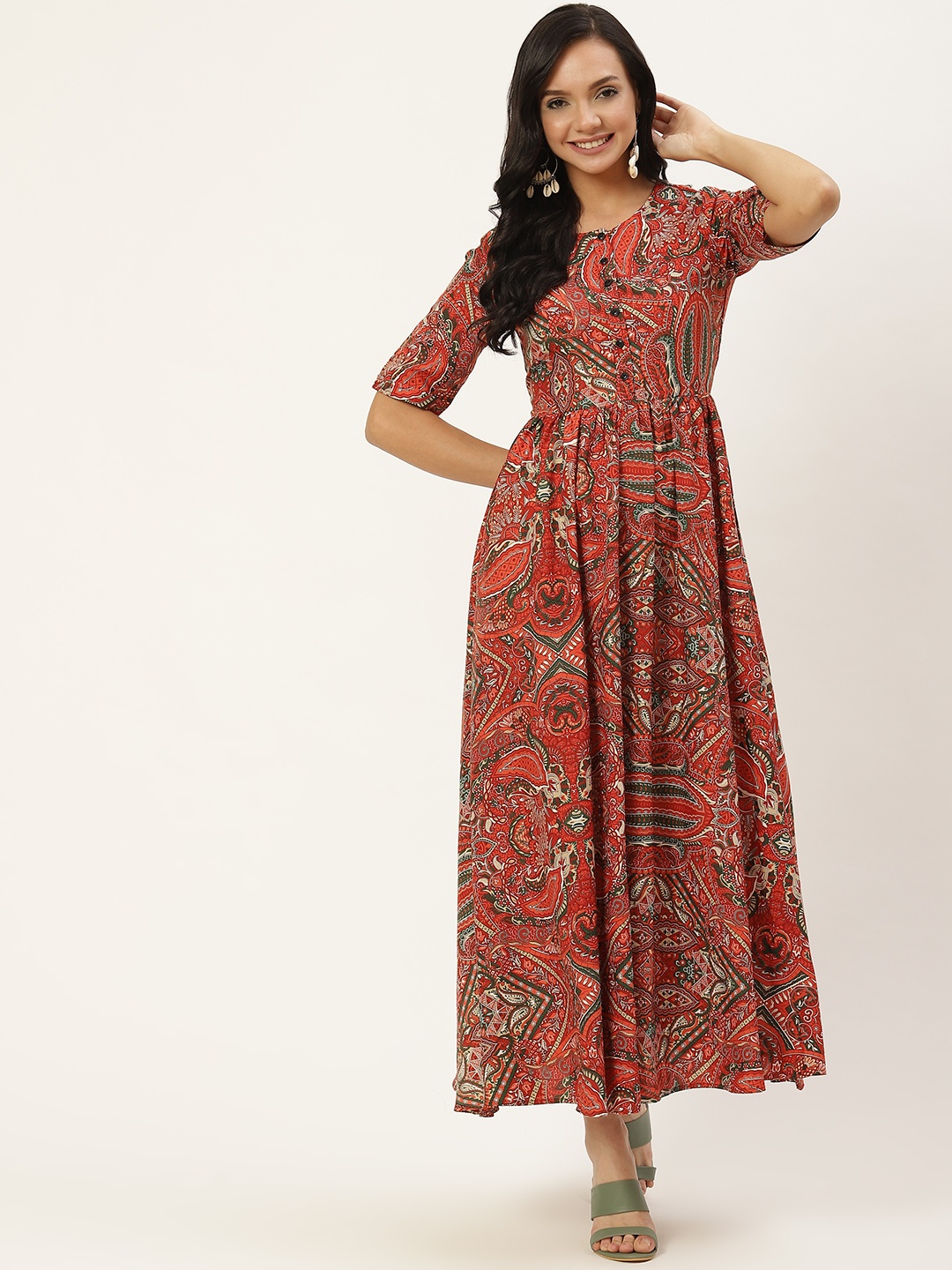 

Deewa Women Maroon & Green Ethnic Motifs Print Crepe Maxi Dress