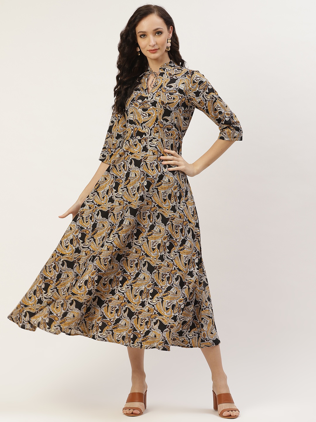 

Deewa Women Black & Mustard Yellow Ethnic Motifs Tie-Up Neck Midi Dress