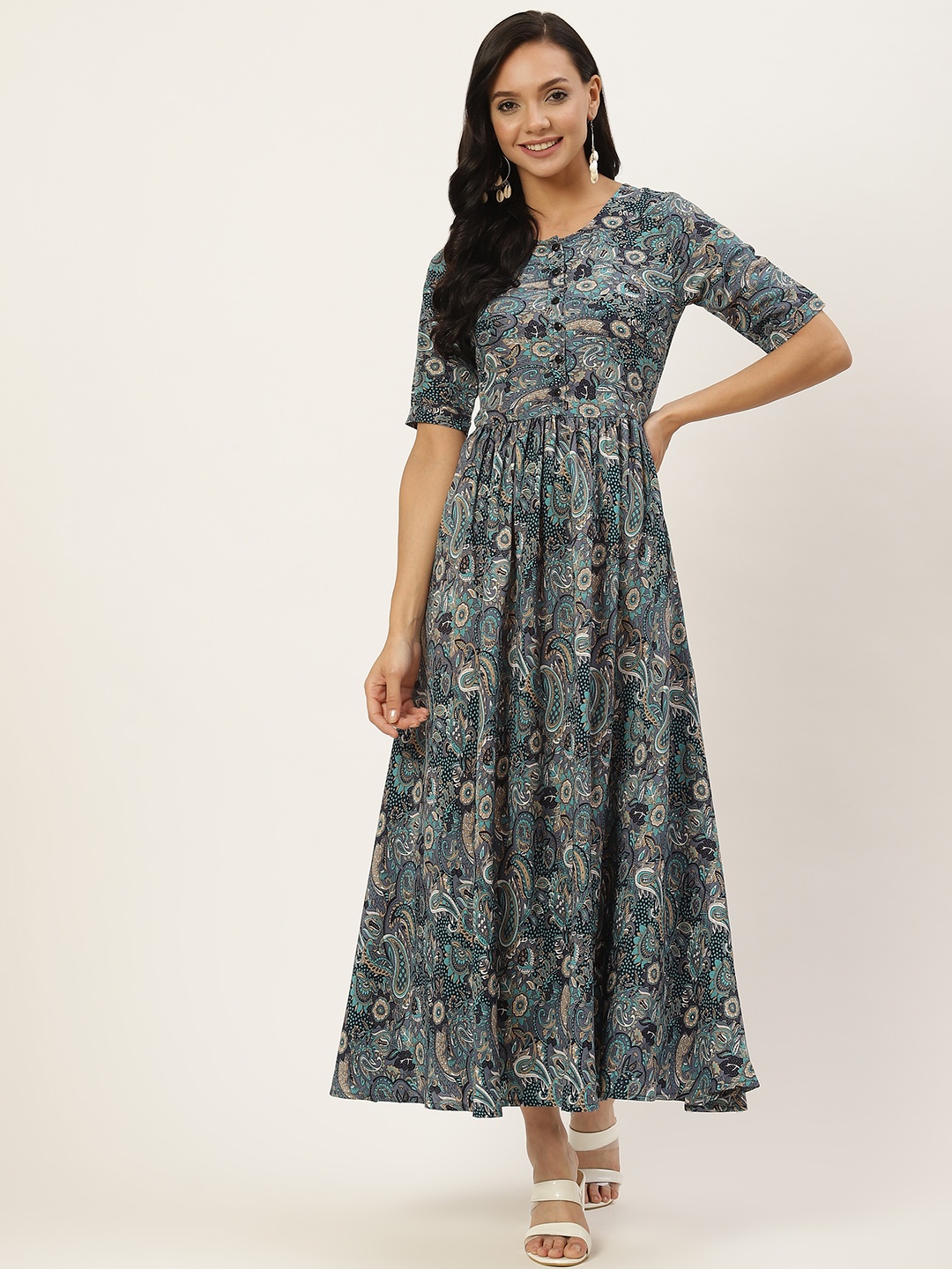 

Deewa Blue & Beige Ethnic Motifs Print Crepe Maxi Ethnic Dress