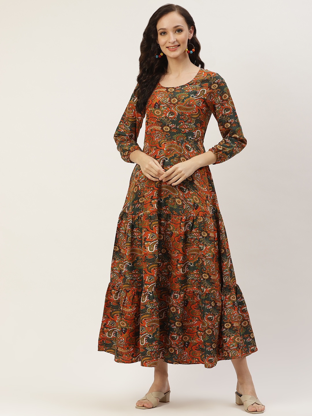 

Deewa Women Orange & Green Ethnic Motifs Print Tiered A-Line Midi Dress