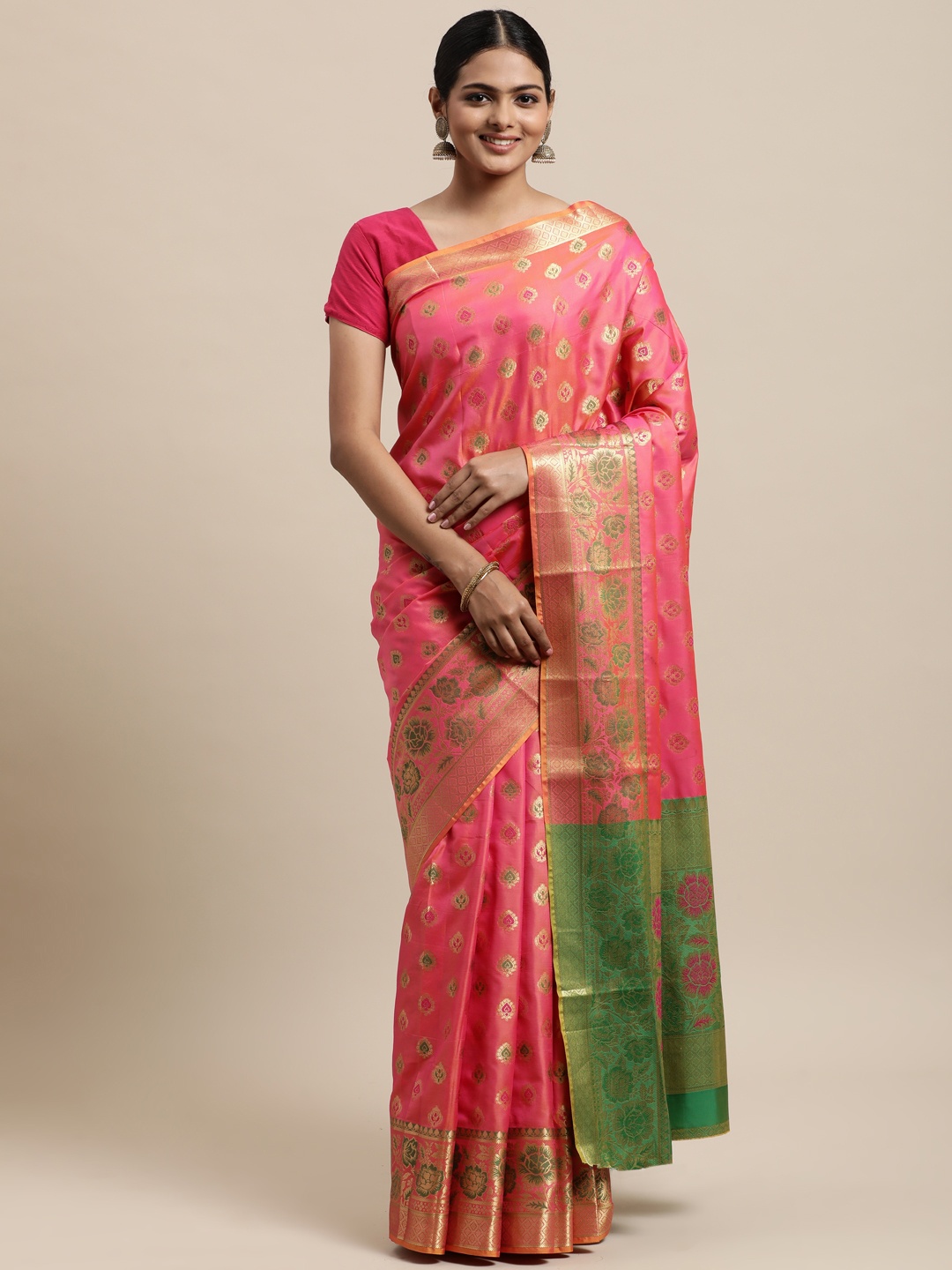 

Mitera Pink Woven Design Silk Cotton Kanjeevaram Saree