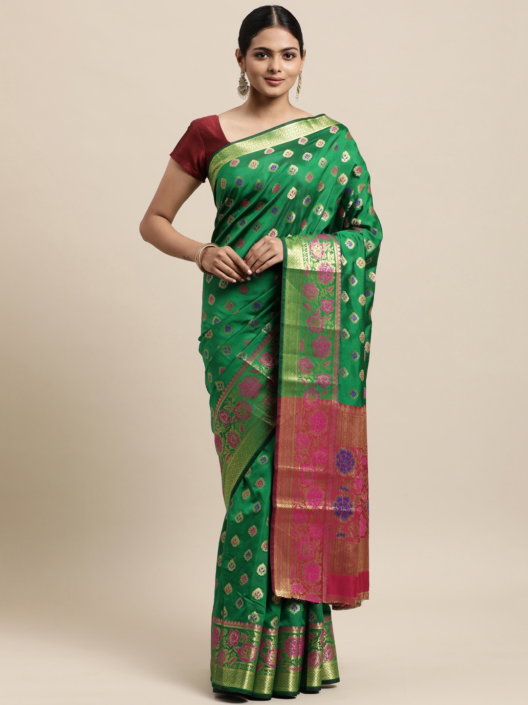 

Mitera Green Woven Design Silk Cotton Kanjeevaram Saree