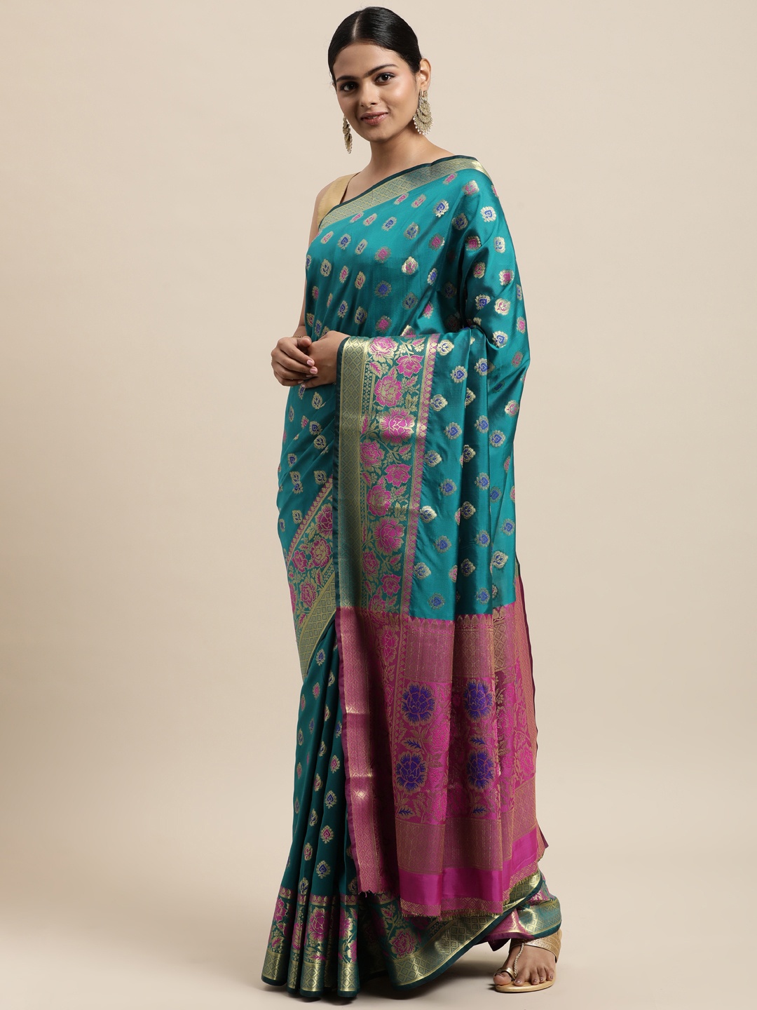 

Mitera Teal Green & Magenta Ethnic Motifs Silk Cotton Kanjeevaram Saree