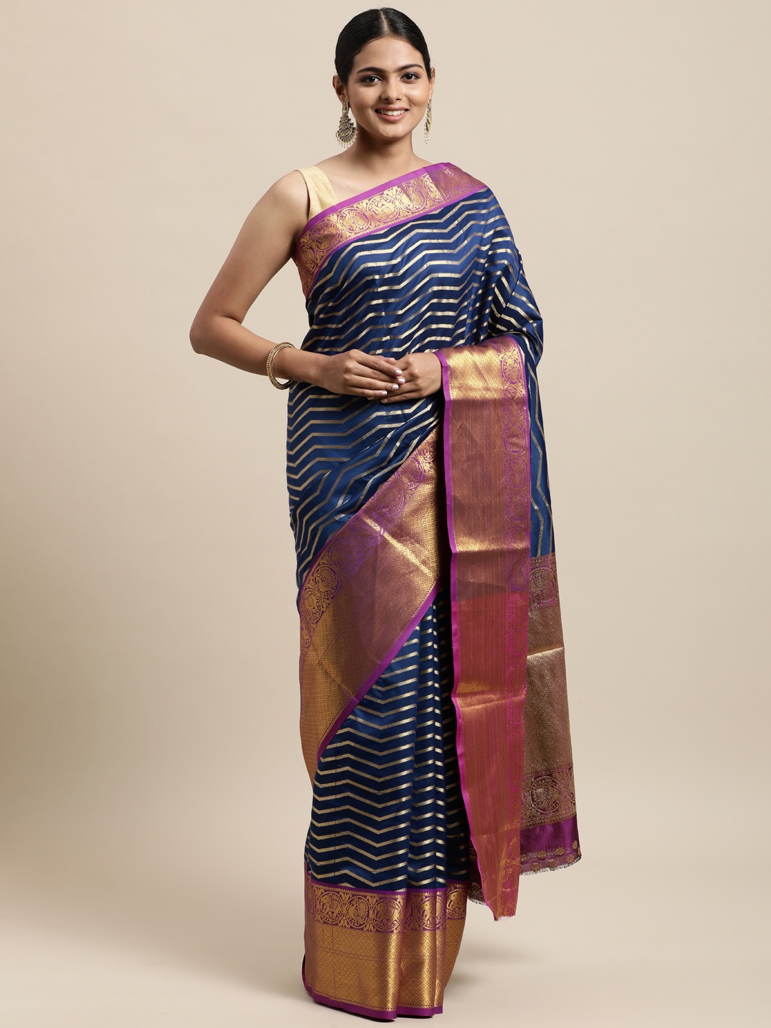 

Mitera Navy Blue Woven Design Silk Cotton Banarasi Saree