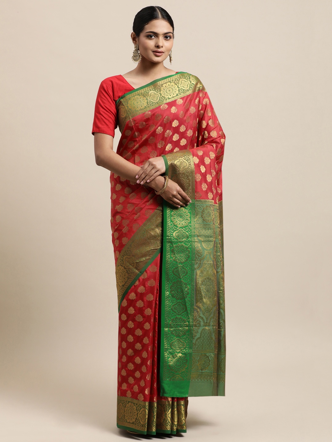 

Mitera Pink & Green Ethnic Motifs Zari Silk Cotton Banarasi Saree