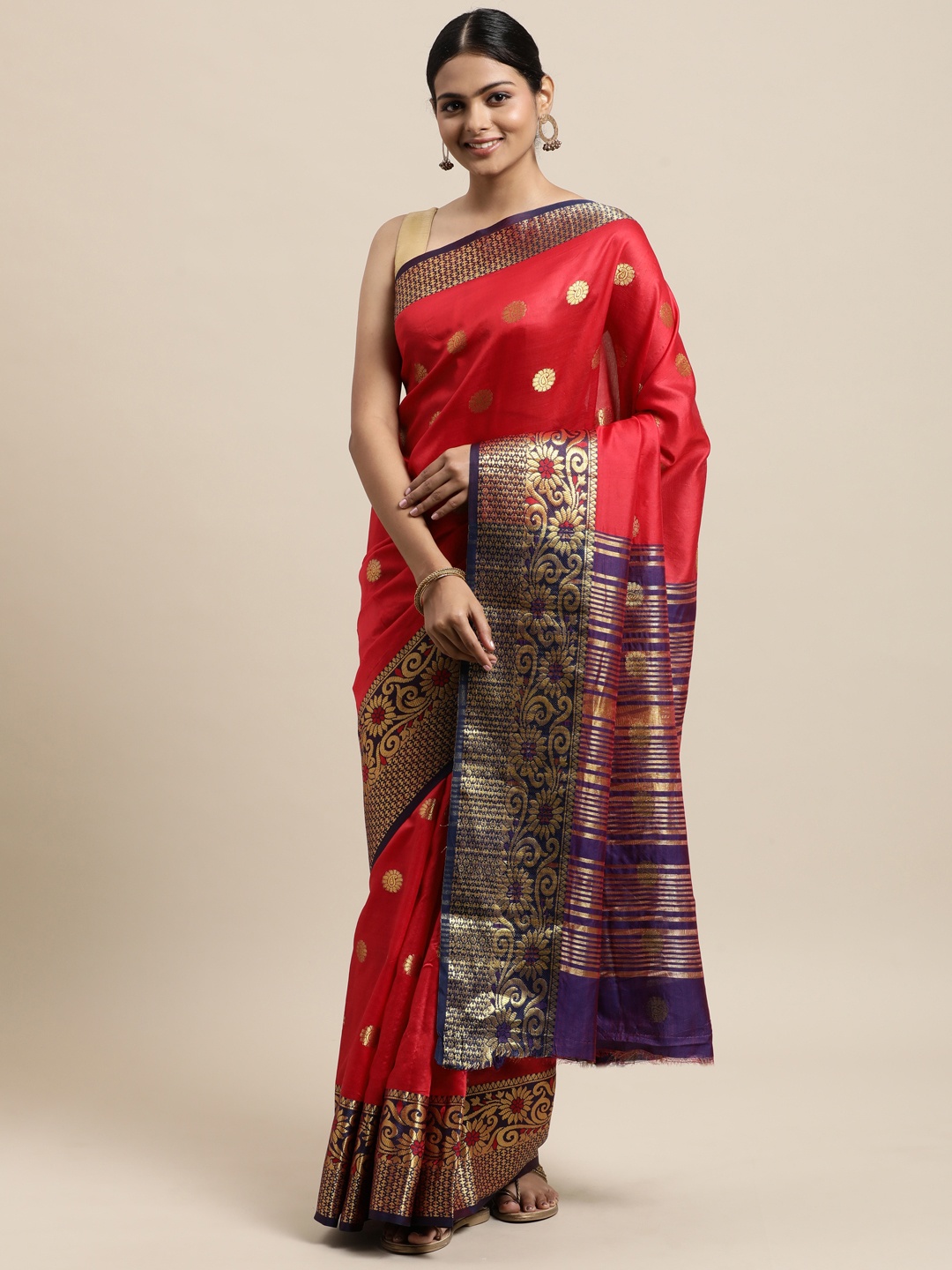 

Mitera Red Ethnic Motifs Zari Silk Cotton Chanderi Saree