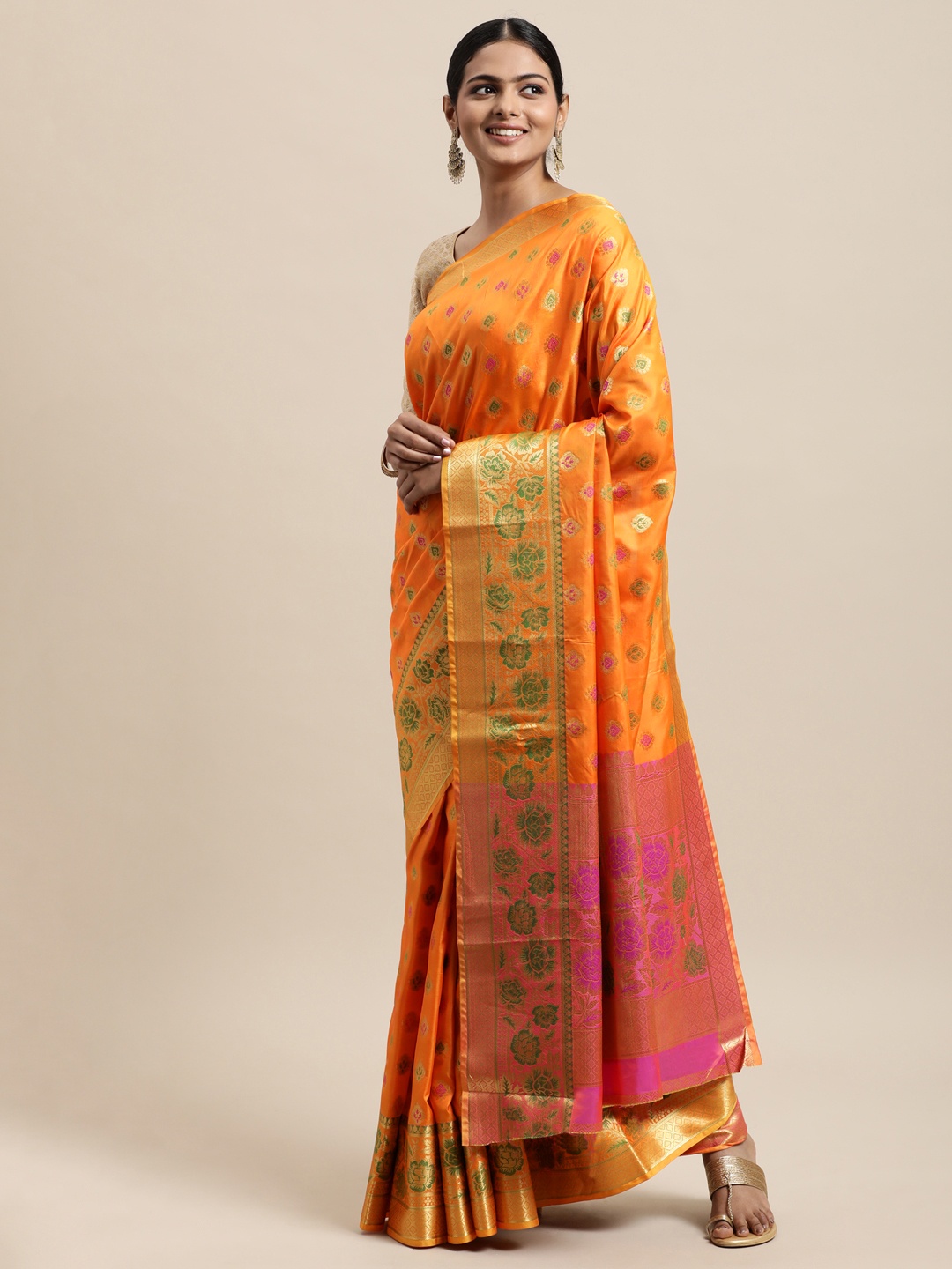 

Mitera Orange & Pink Ethnic Motifs Zari Silk Cotton Kanjeevaram Saree