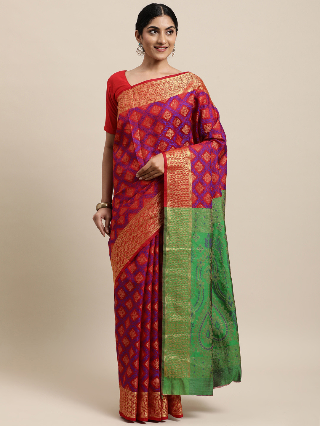 

Mitera Red Ethnic Motifs Zari Silk Cotton Patola Saree