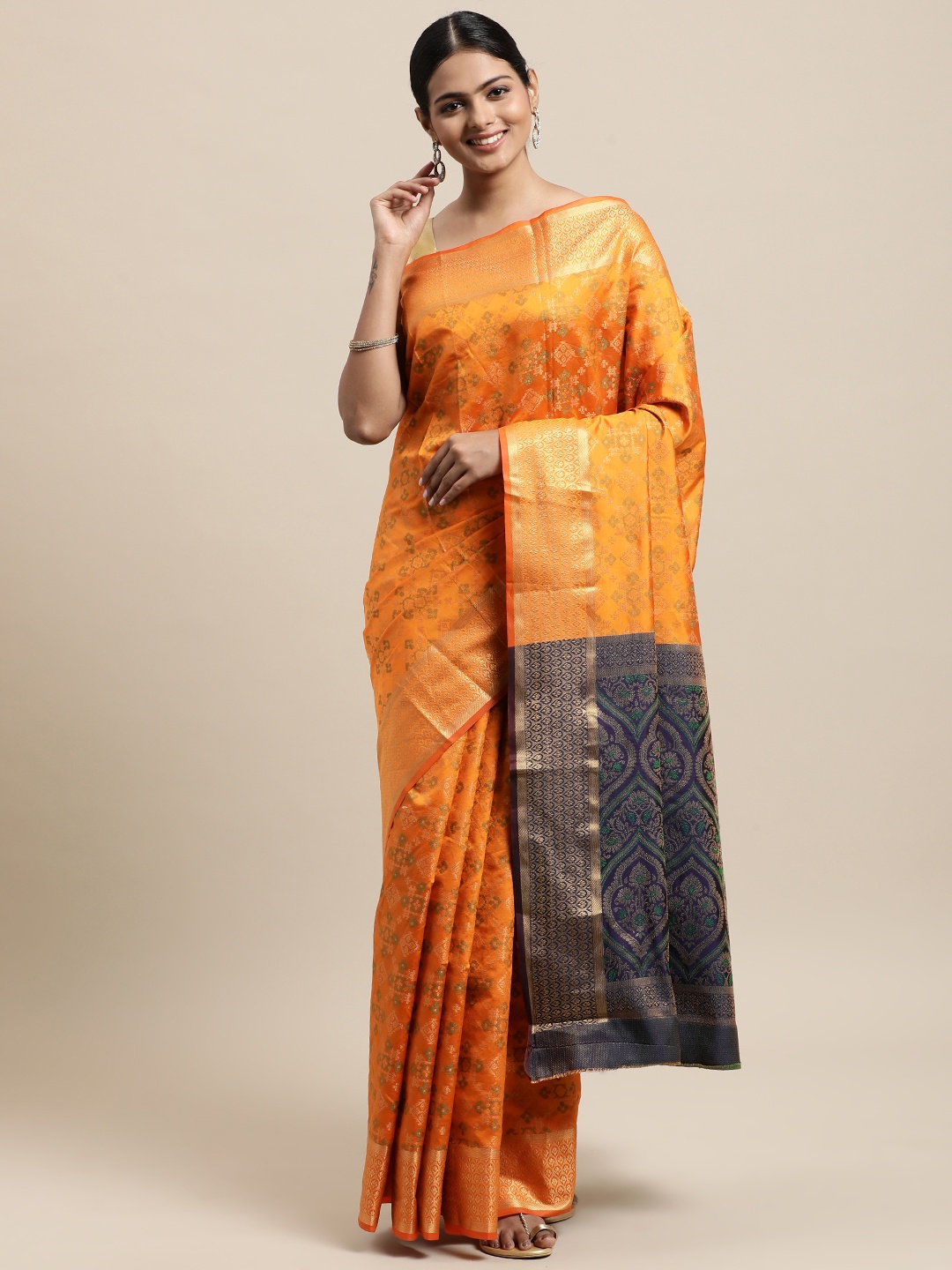 

Mitera Orange Ethnic Motifs Zari Silk Cotton Kanjeevaram Saree