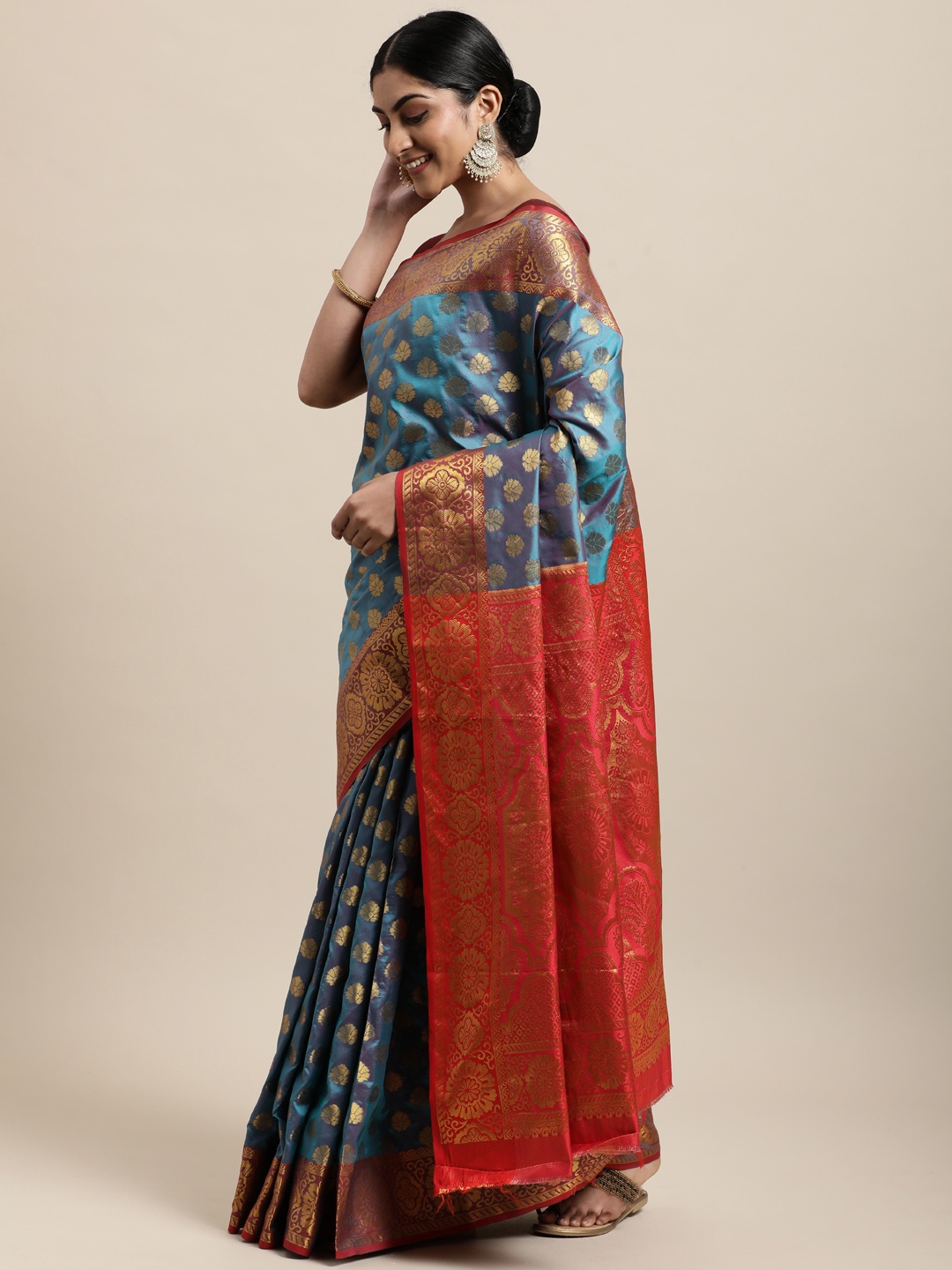 

Mitera Teal & Red Ethnic Motifs Silk Cotton Banarasi Saree