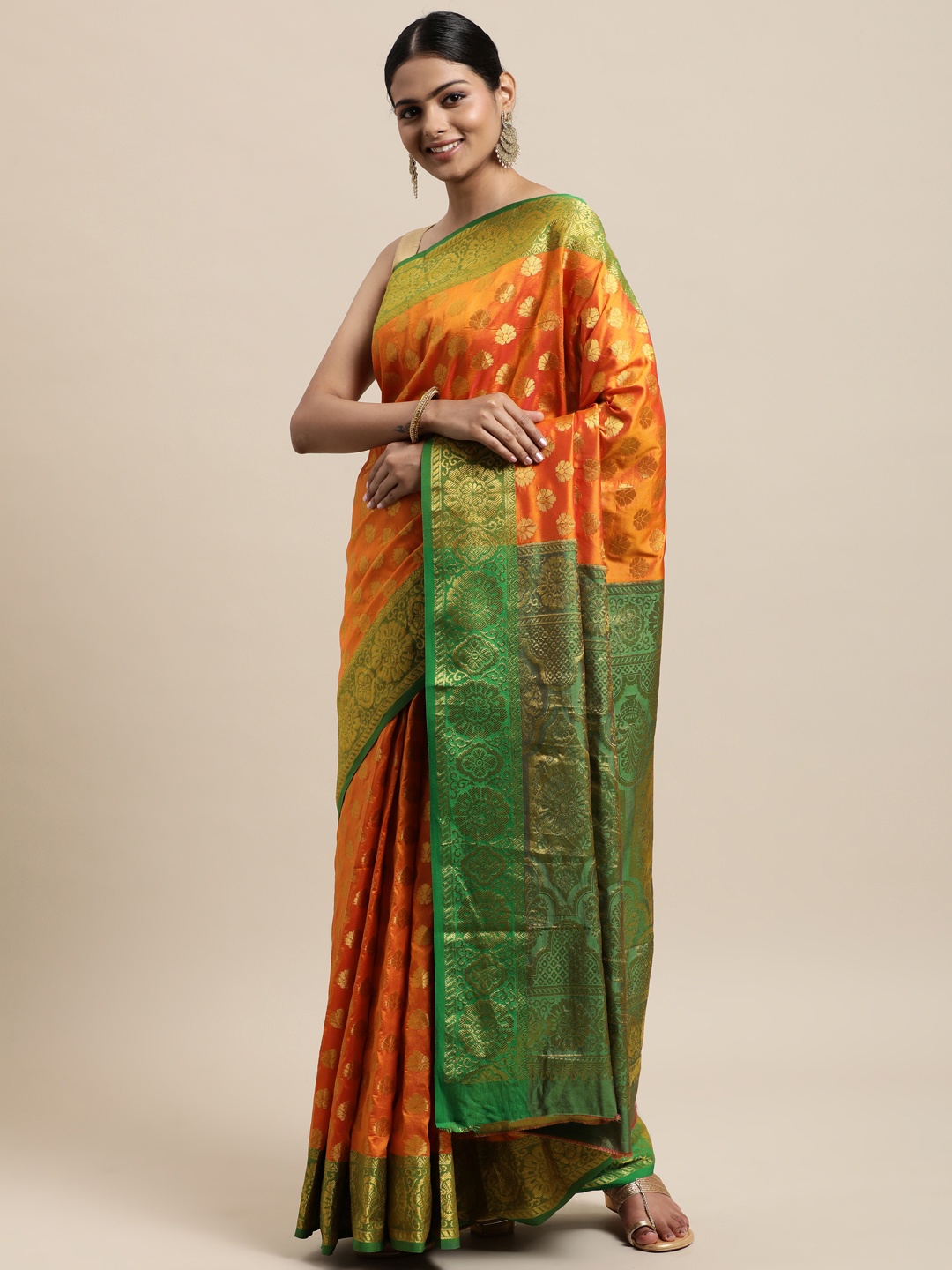 

Mitera Orange & Green Ethnic Motifs Silk Cotton Banarasi Saree