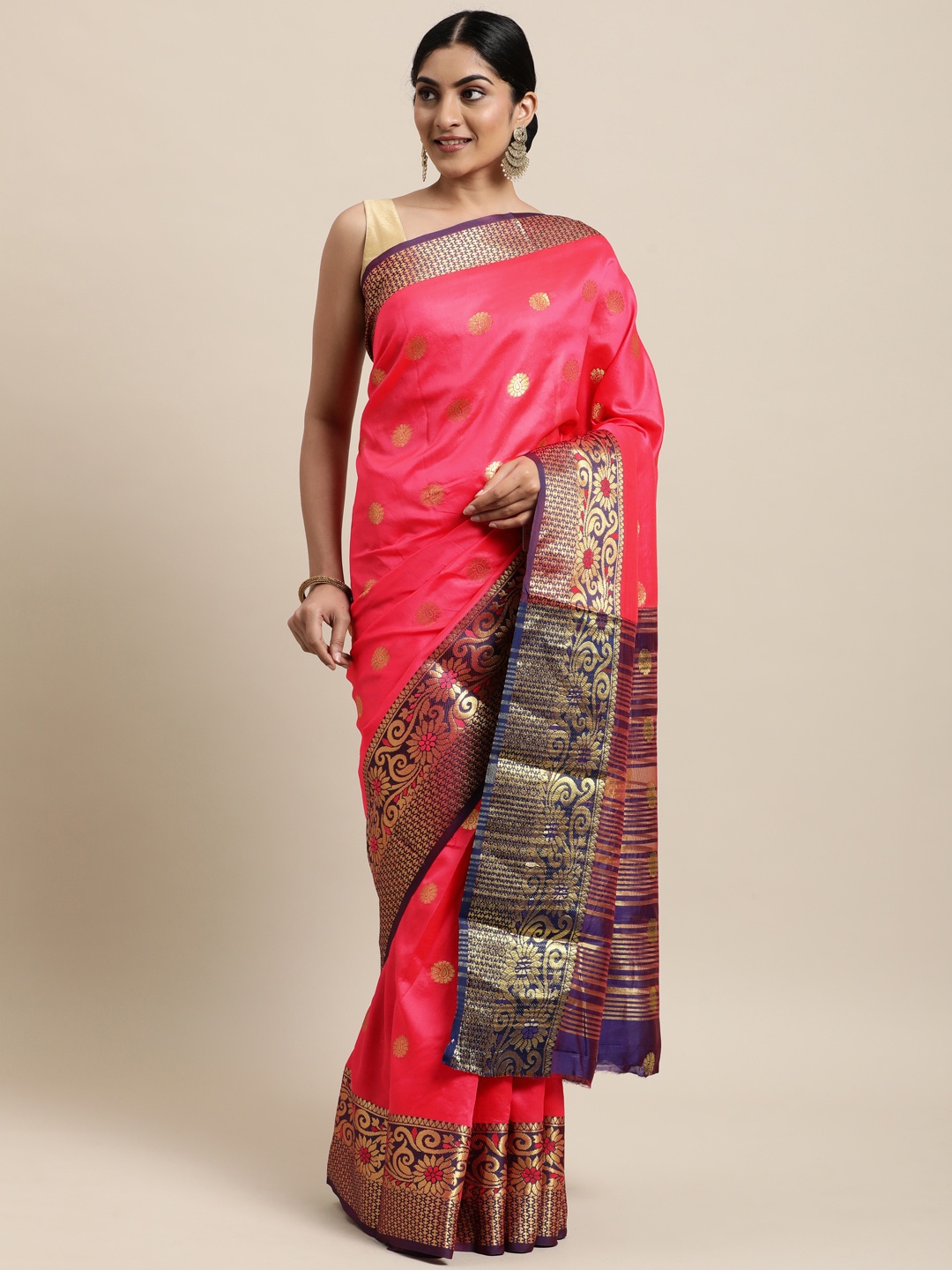 

Mitera Pink & Purple Ethnic Motifs Silk Cotton Chanderi Saree
