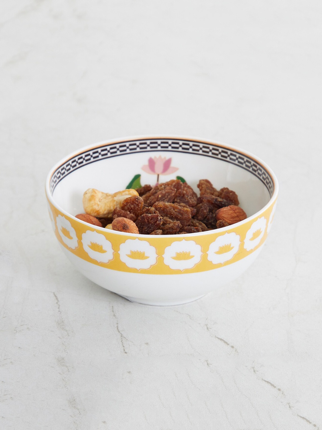

Home Centre White & Yellow 1 Piece Printed Bone China Glossy Bowl