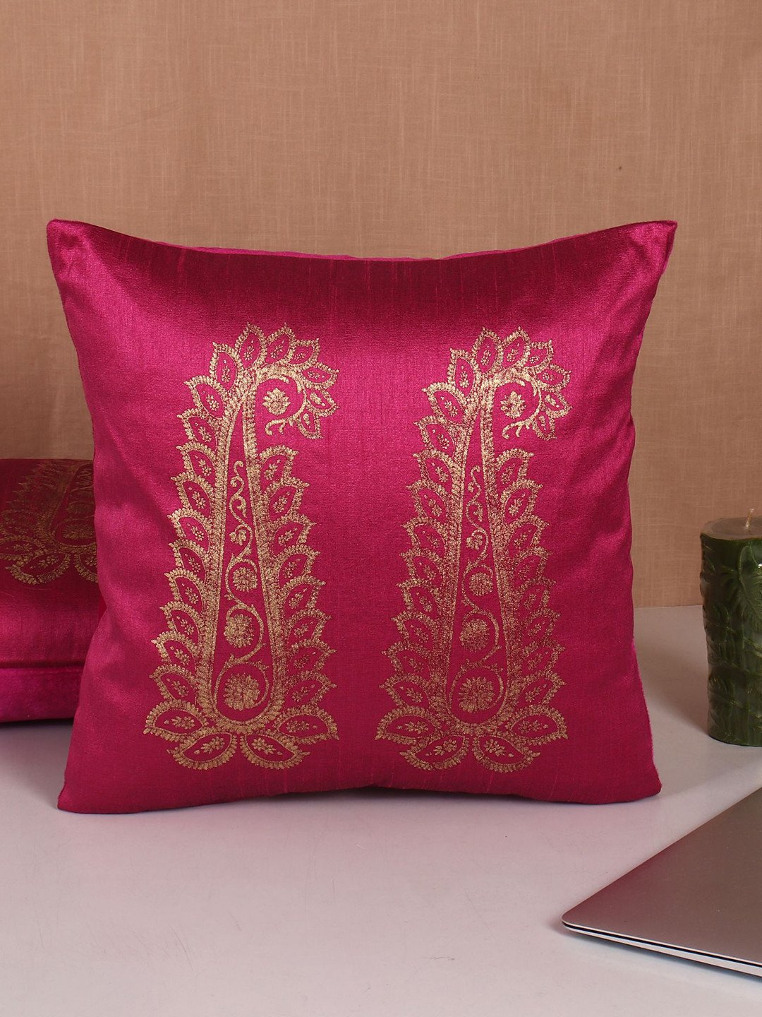 

Molcha Set Of 5 Pink & Gold-Toned Ethnic Motifs Foil Printed Square Cushion Covers