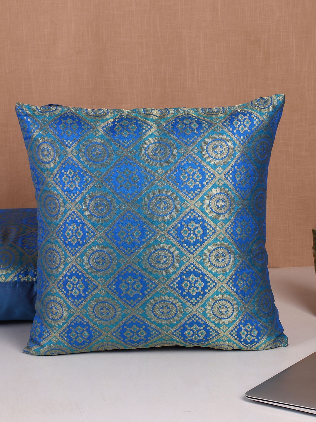 

Molcha Set Of 5 Blue & Gold-Toned Banarasi Brocade Square Cushion Covers
