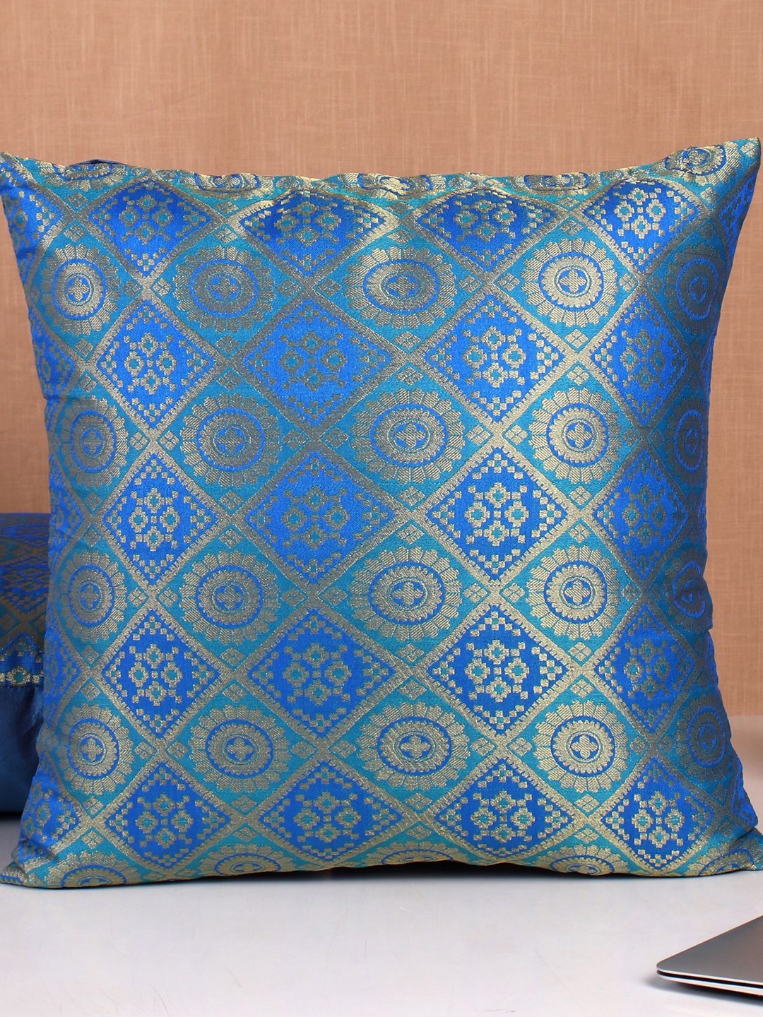 

Molcha Set Of 5 Blue & Gold-Toned Banarasi Brocade Square Cushion Covers