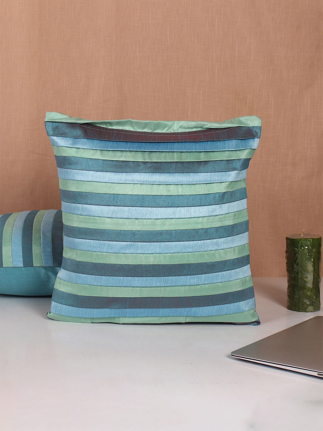 

Molcha Set Of 5 Blue & Green Pleated Square Cushion Covers