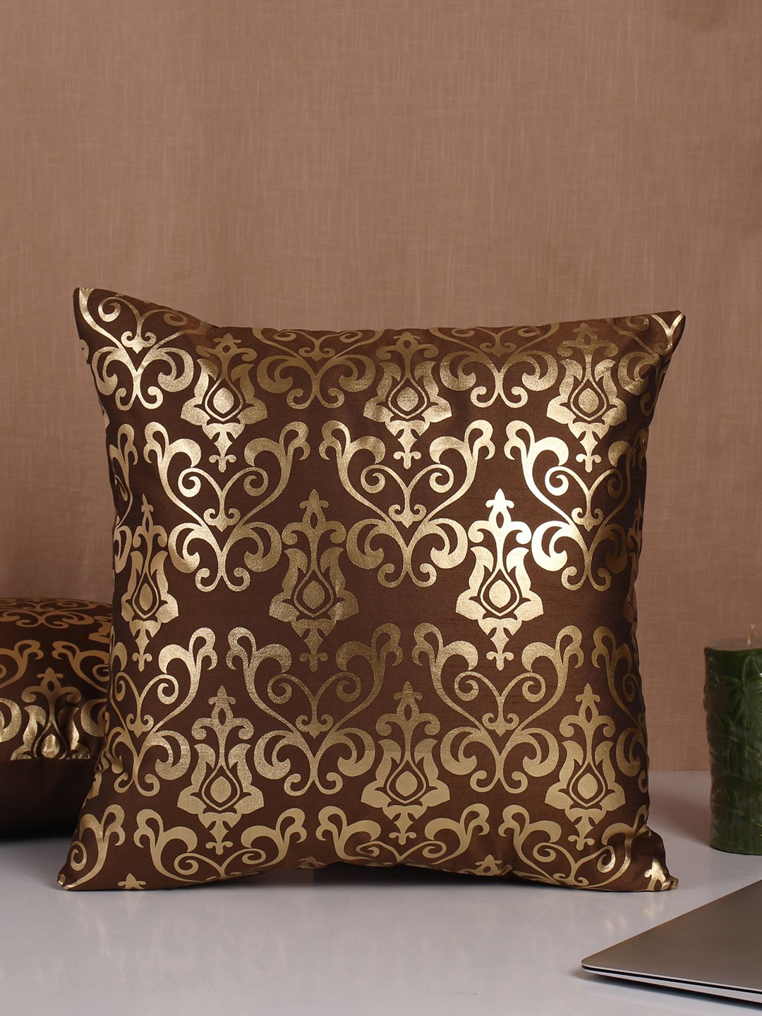 

Molcha Set Of 5 Brown & Gold-Toned Ethnic Motifs Foil Printed Square Cushion Covers