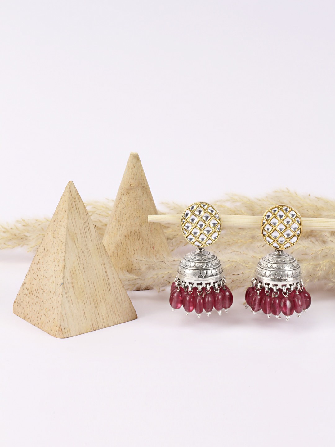 

SANGEETA BOOCHRA Silver-Toned & Maroon Contemporary Jhumkas Earrings
