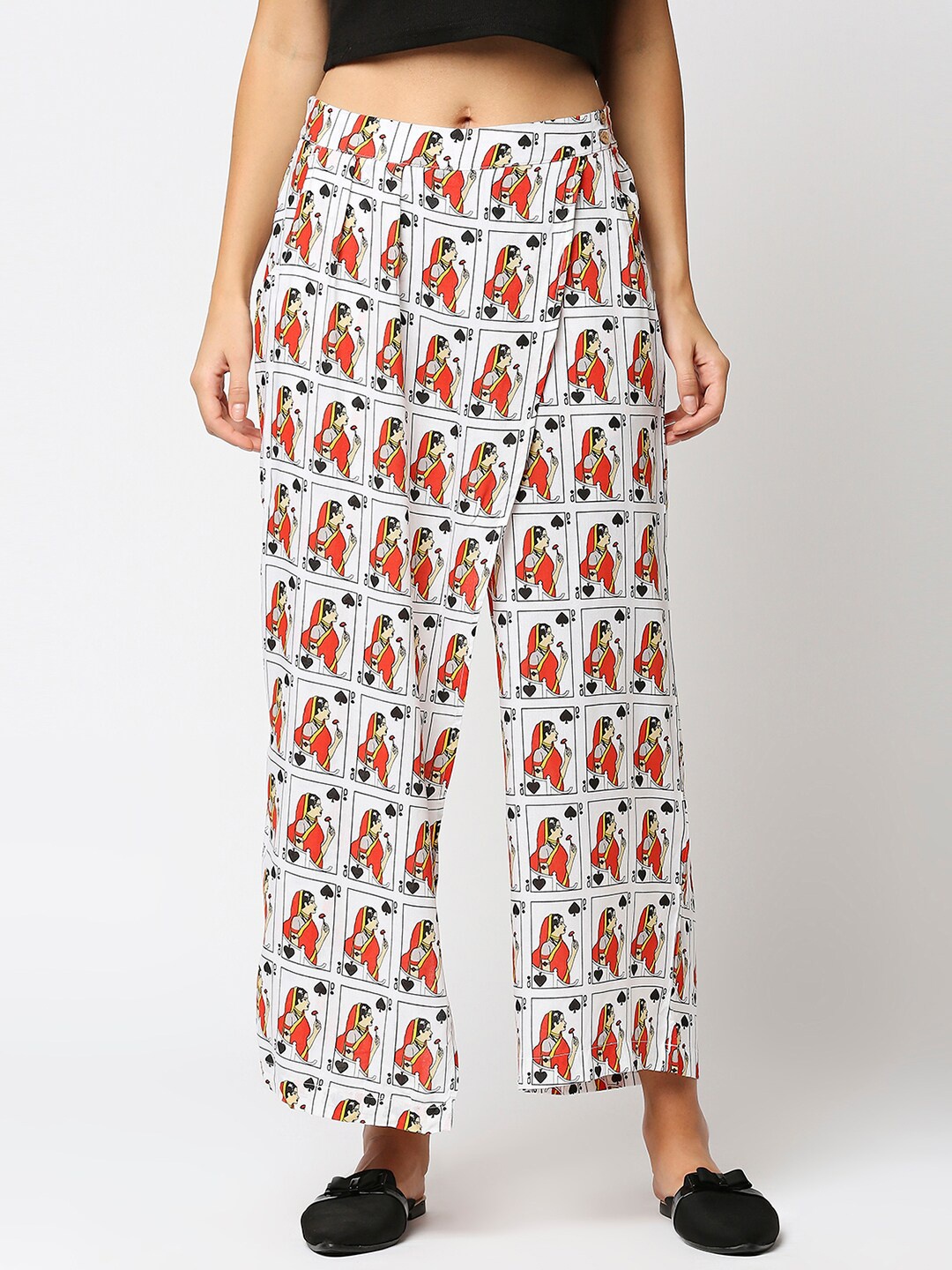 

Bewakoof Women White & Orange Conversational Printed Cotton Culottes Trousers