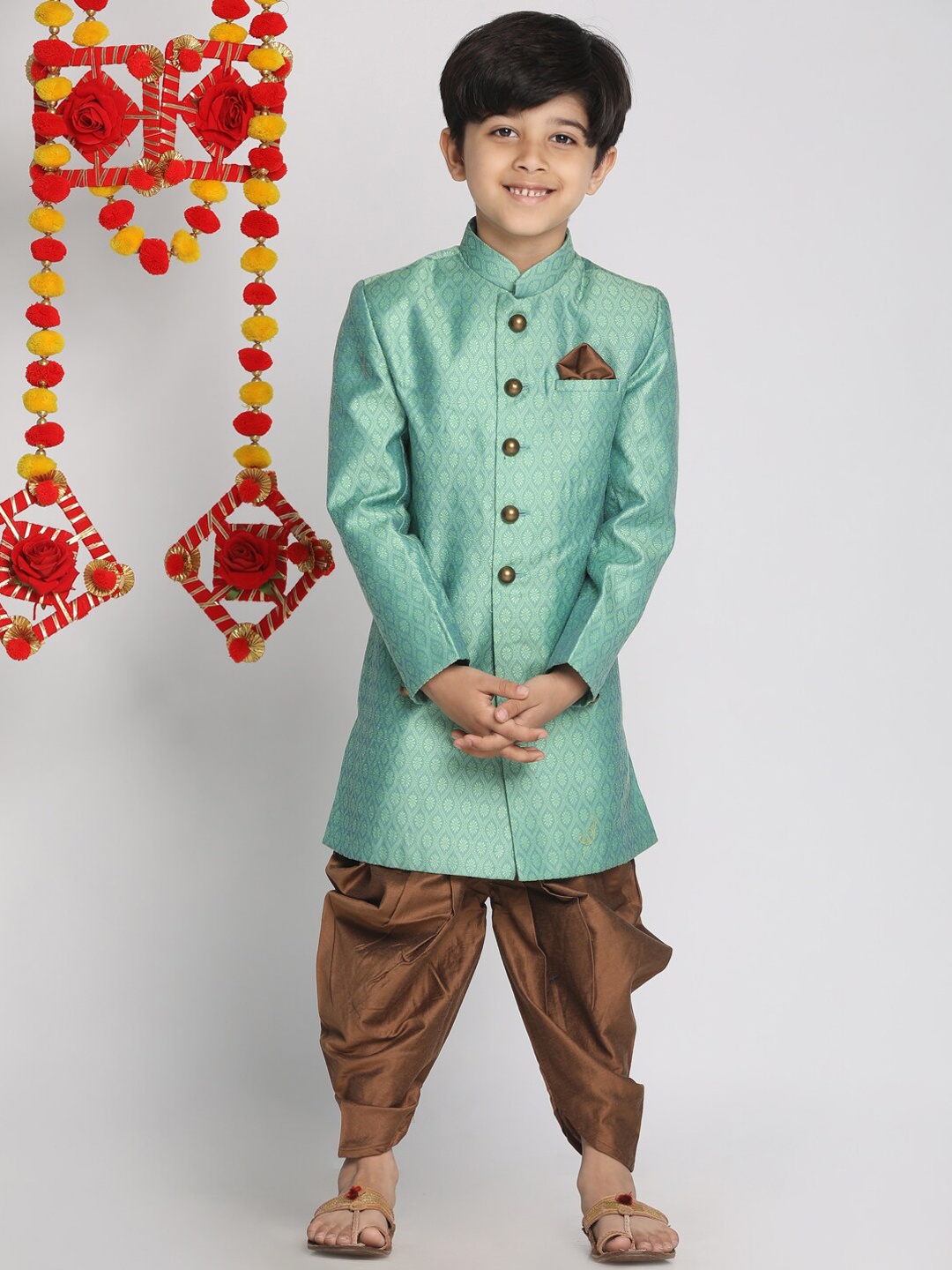 

Vastramay Boys' Green And Coffee Brown Indowestern Sherwani and Cowl Dhoti Pant Set