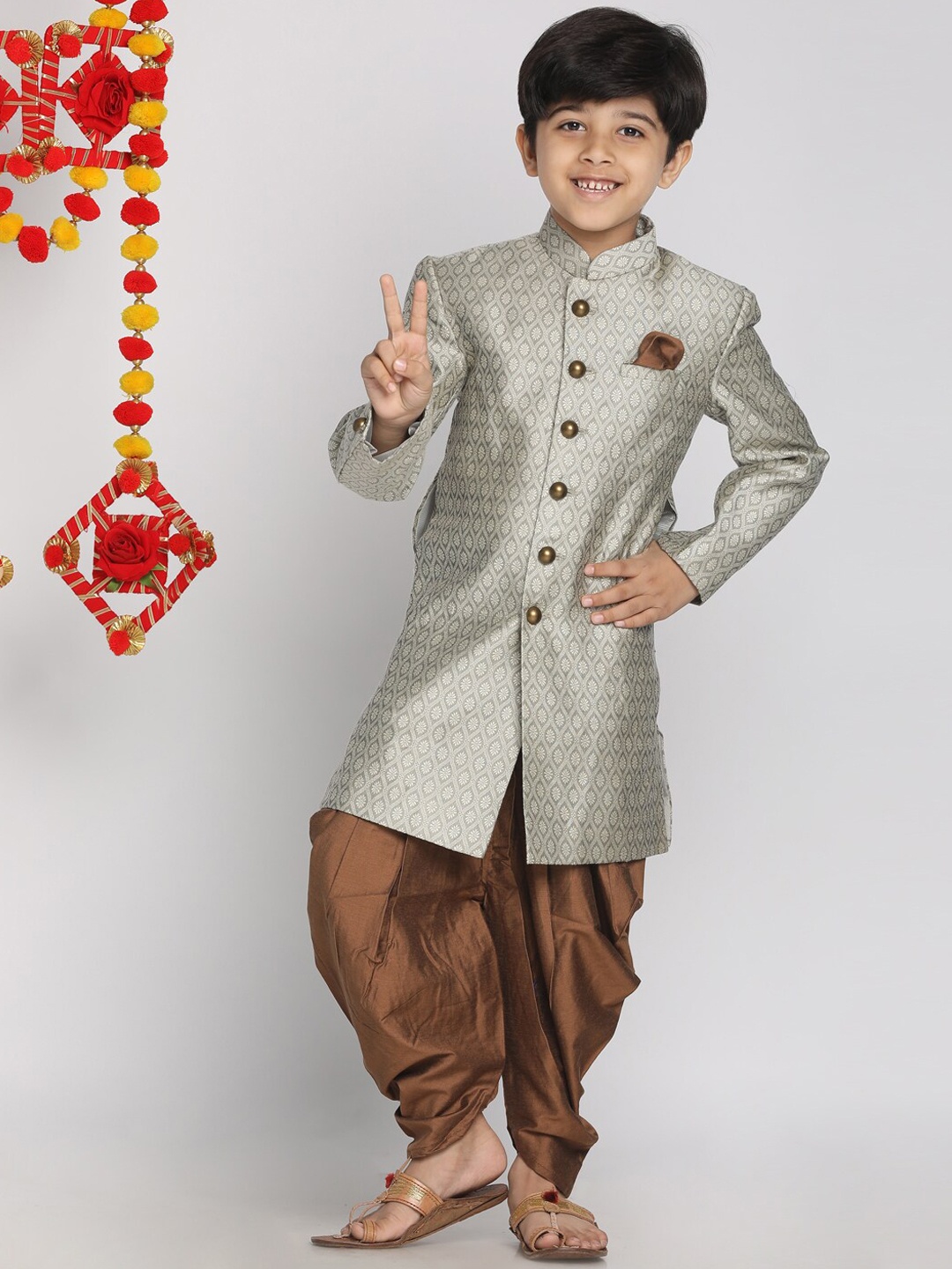 

Vastramay Boys' Grey And Coffee Brown Brown Indowestern Sherwani and Cowl Dhoti Pant Set