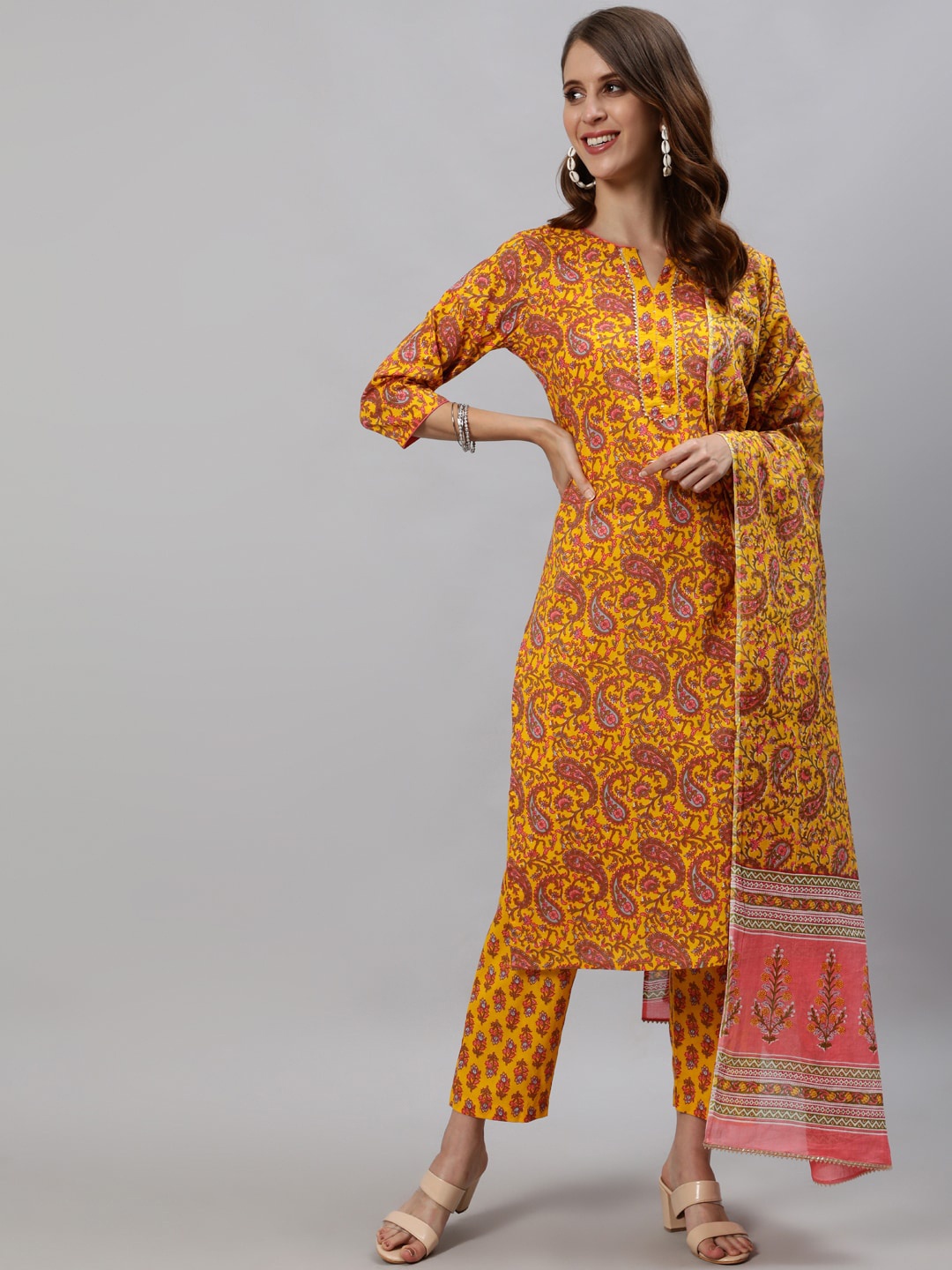 

Anubhutee Women Mustard Yellow Ethnic Motifs Printed Kurta with Trousers & Dupatta