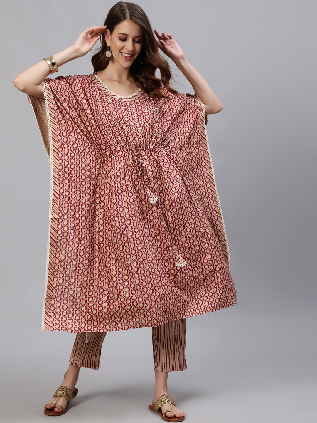 

Anubhutee Women Red Printed Sequinned Kaftan Kurta with Trousers
