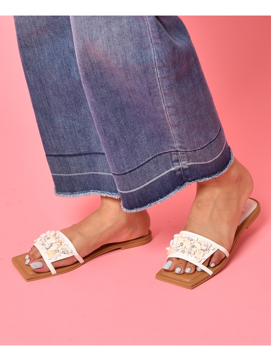 

Zebba Women White Colourblocked Open Toe Flats with Buckles