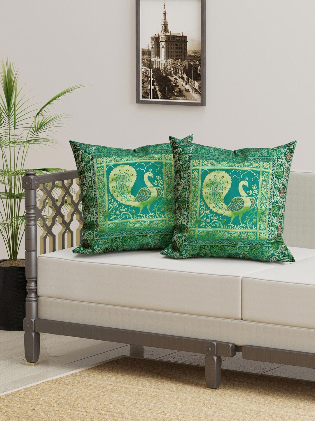 

Gulaab Jaipur Set Of 2 Green & Beige Cotton Silk Ethnic Motifs Square Cushion Covers