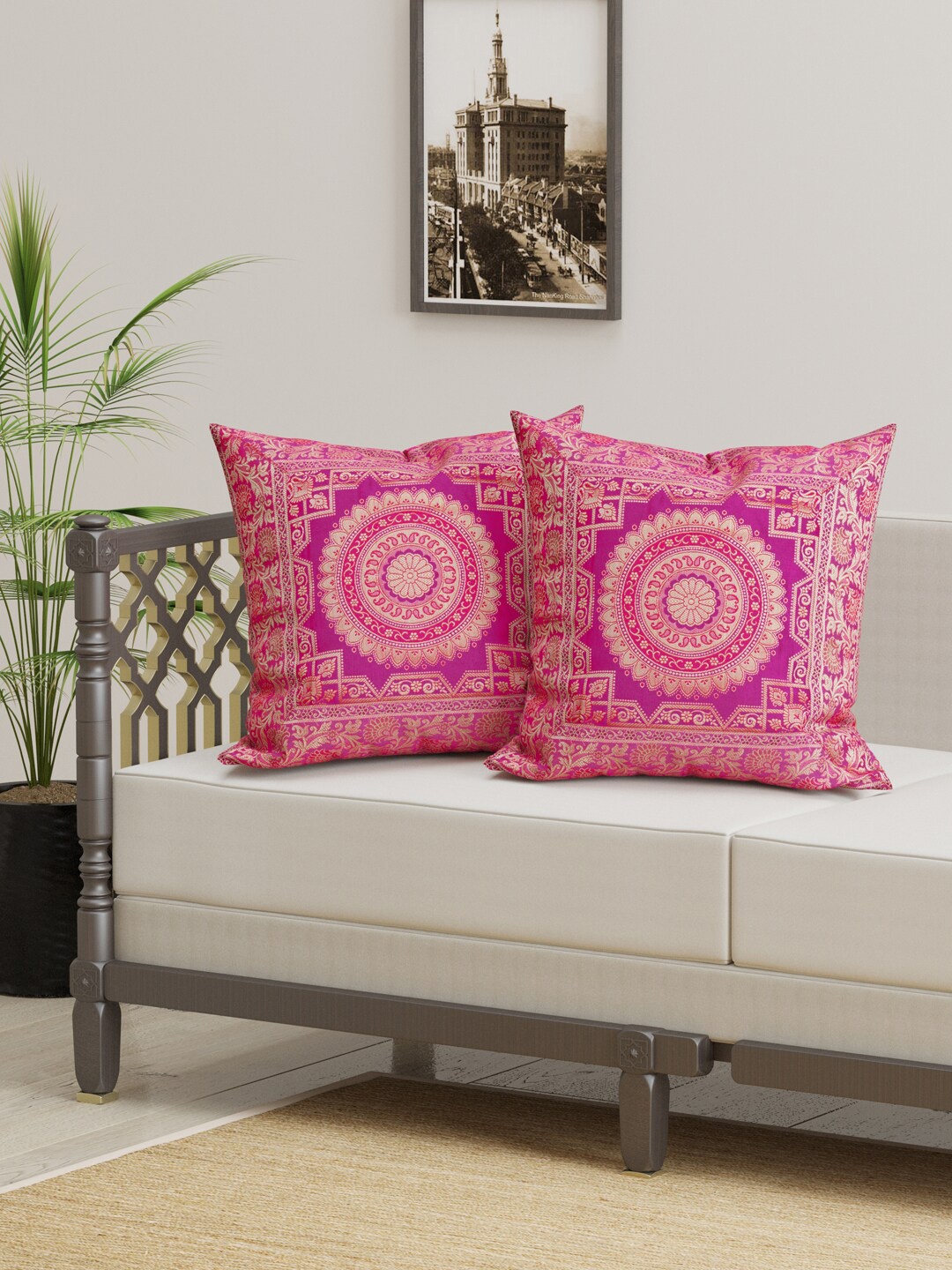 

Gulaab Jaipur Set Of 2 Pink & Gold-Toned Cotton Silk Ethnic Motifs Square Cushion Covers