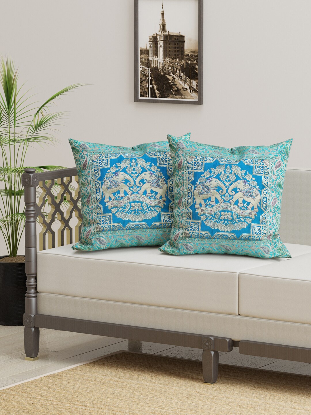 

Gulaab Jaipur Set Of 2 Blue & Beige Cotton Silk Ethnic Motifs Square Cushion Covers