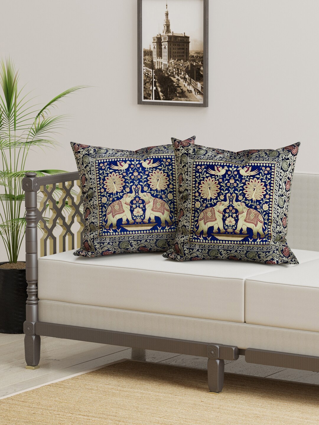 

Gulaab Jaipur Set Of 2 Blue & Gold-Toned Cotton Silk Ethnic Motifs Square Cushion Covers