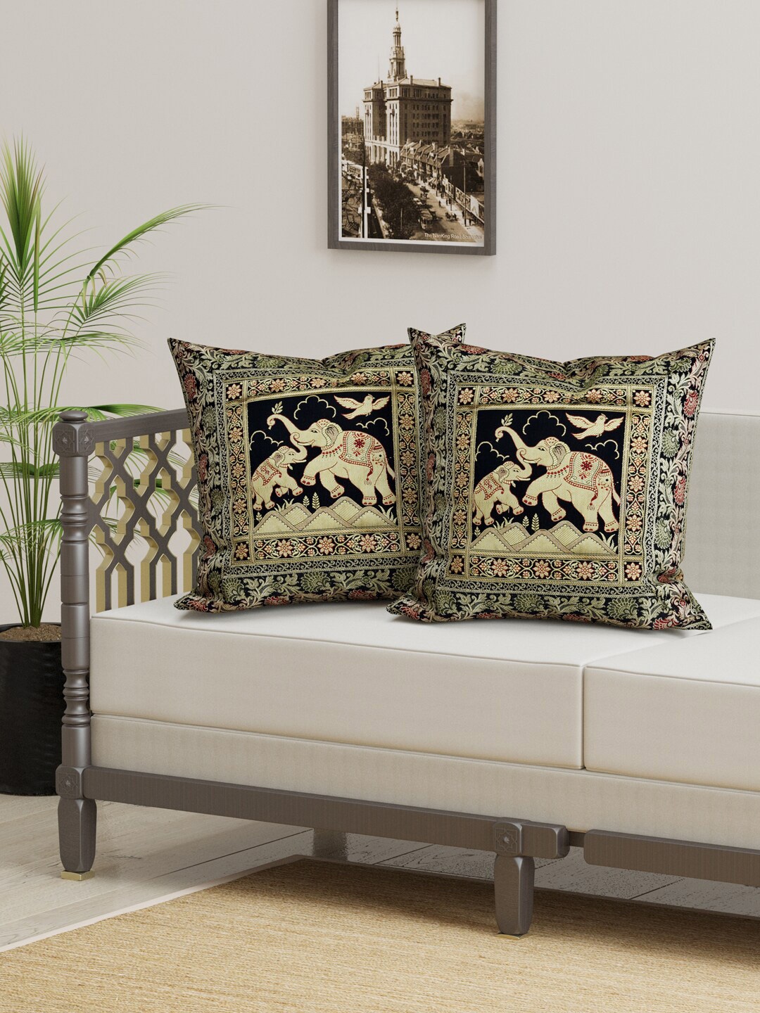 

Gulaab Jaipur Set Of 2 Black & Green Cotton Silk Ethnic Motifs Square Cushion Covers