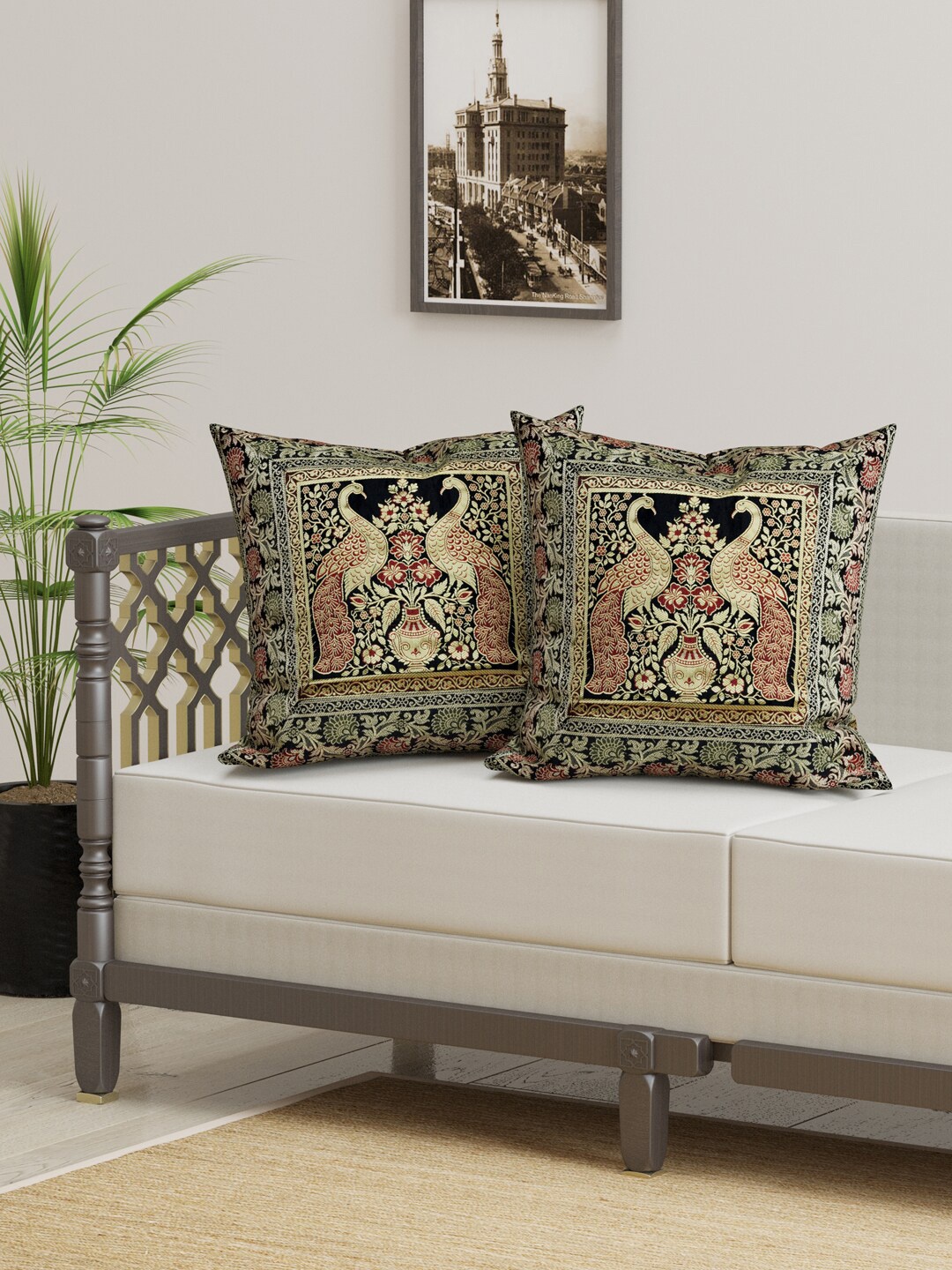 

Gulaab Jaipur Set Of 2 Black & Gold-Toned Ethnic Motifs Cotton Silk Square Cushion Covers