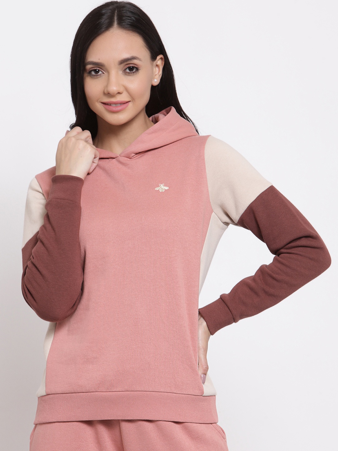 

Mode by Red Tape Women Peach-Coloured Colourblocked Hooded Sweatshirt