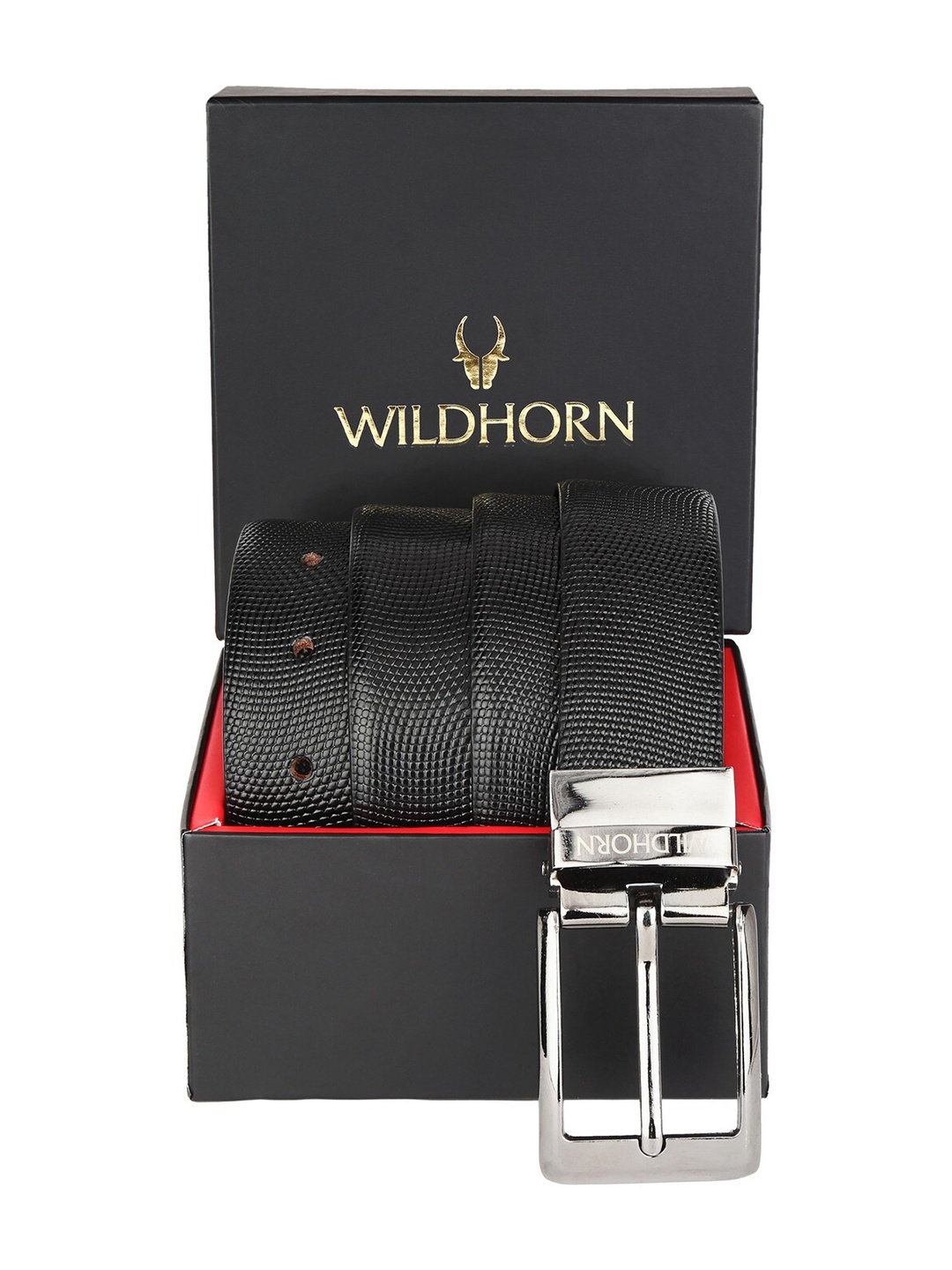 

WildHorn Men Black Textured Reversible Leather Formal Belt