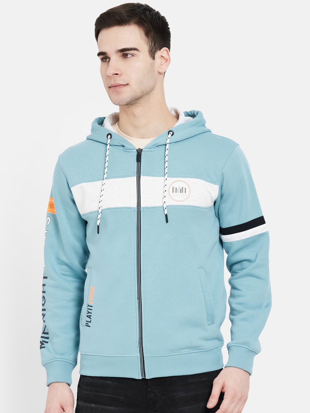 

Octave Men Blue & White Colourblocked Hooded Front-Open Sweatshirt