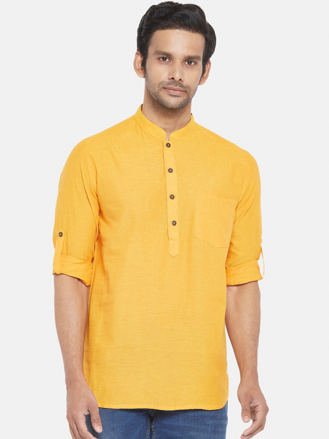 

indus route by Pantaloons Men Mustard Yellow Pure Cotton Kurta