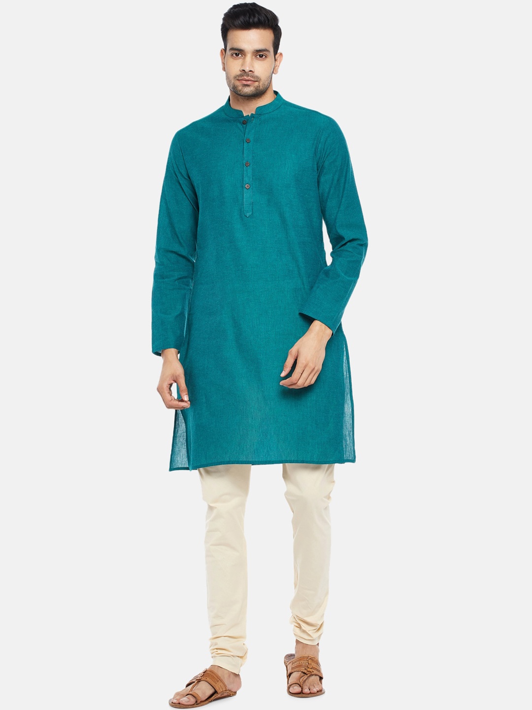 

indus route by Pantaloons Men Teal Pure Cotton Straight Kurta