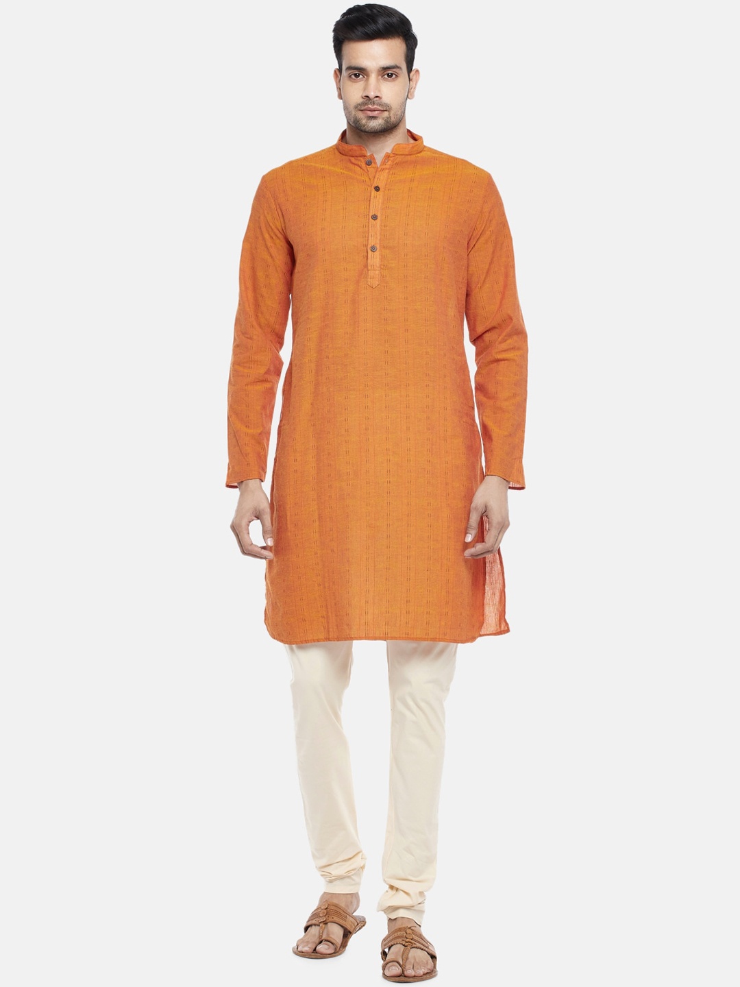 

indus route by Pantaloons Men Orange Pure Cotton Dobby Kurta