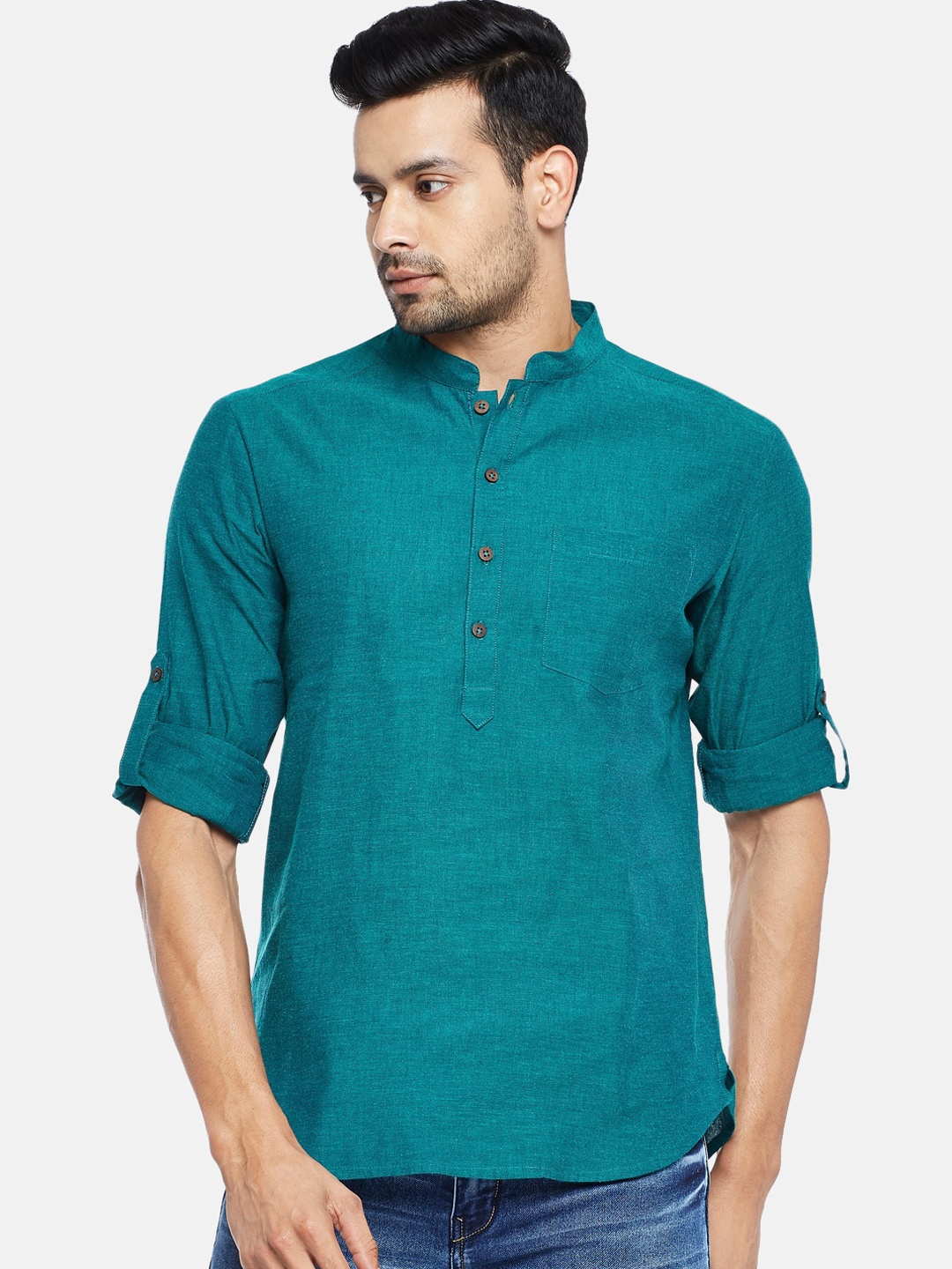 

indus route by Pantaloons Men Teal Solid Thread Work Kurta